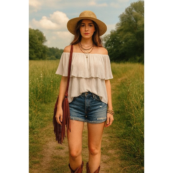 Cha Cha Vente White Off Shoulder Layered Ruffle Blouse Boho Cottagecore Large - Picture 1 of 7